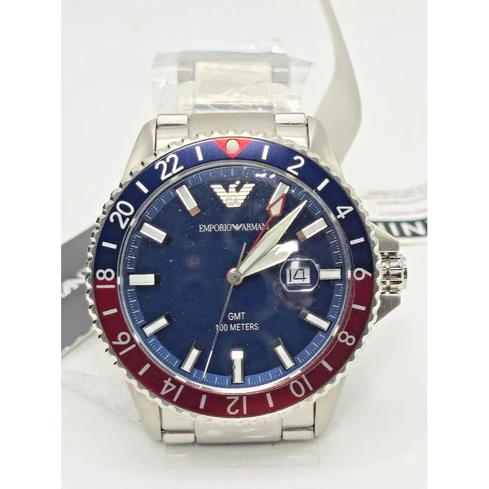 Emporio Armani AR11590 Men's GMT Watch Blue Red Bezel Stainless Steel Bracelet